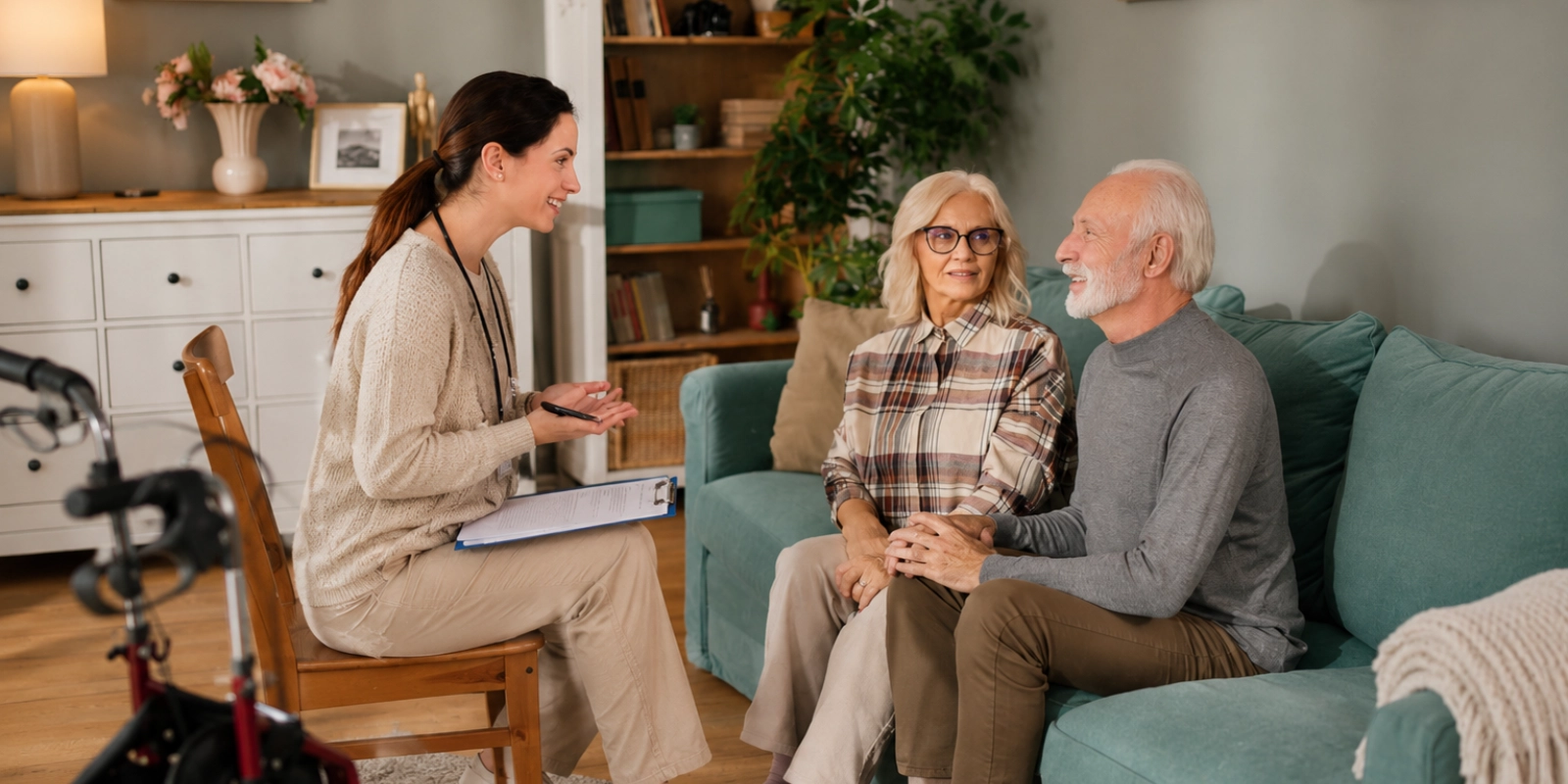 A care provider consulting with a family at home