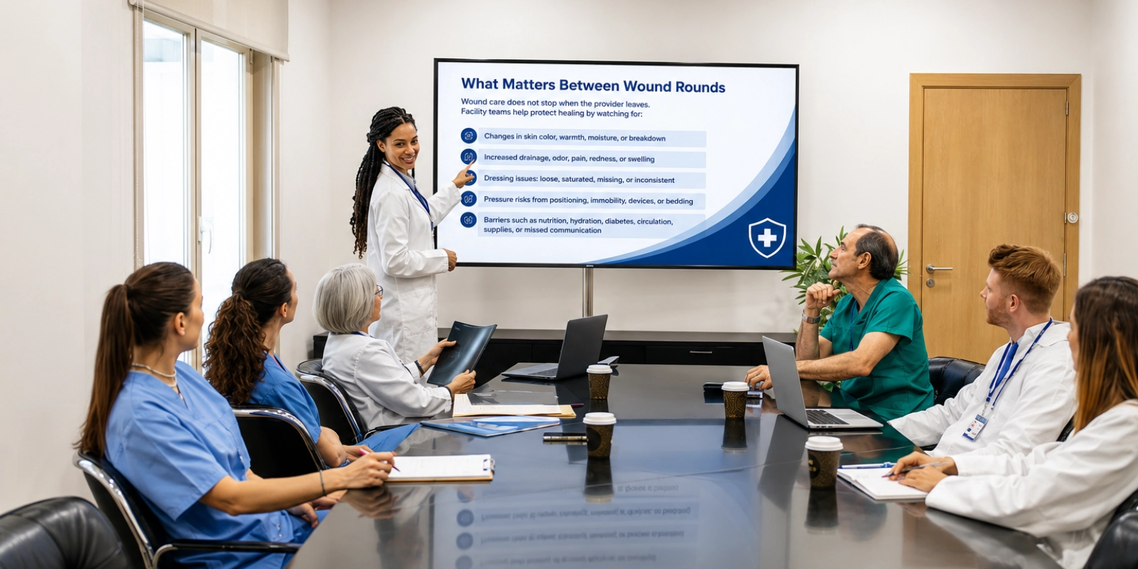 A clinician presenting wound-care education to a care team